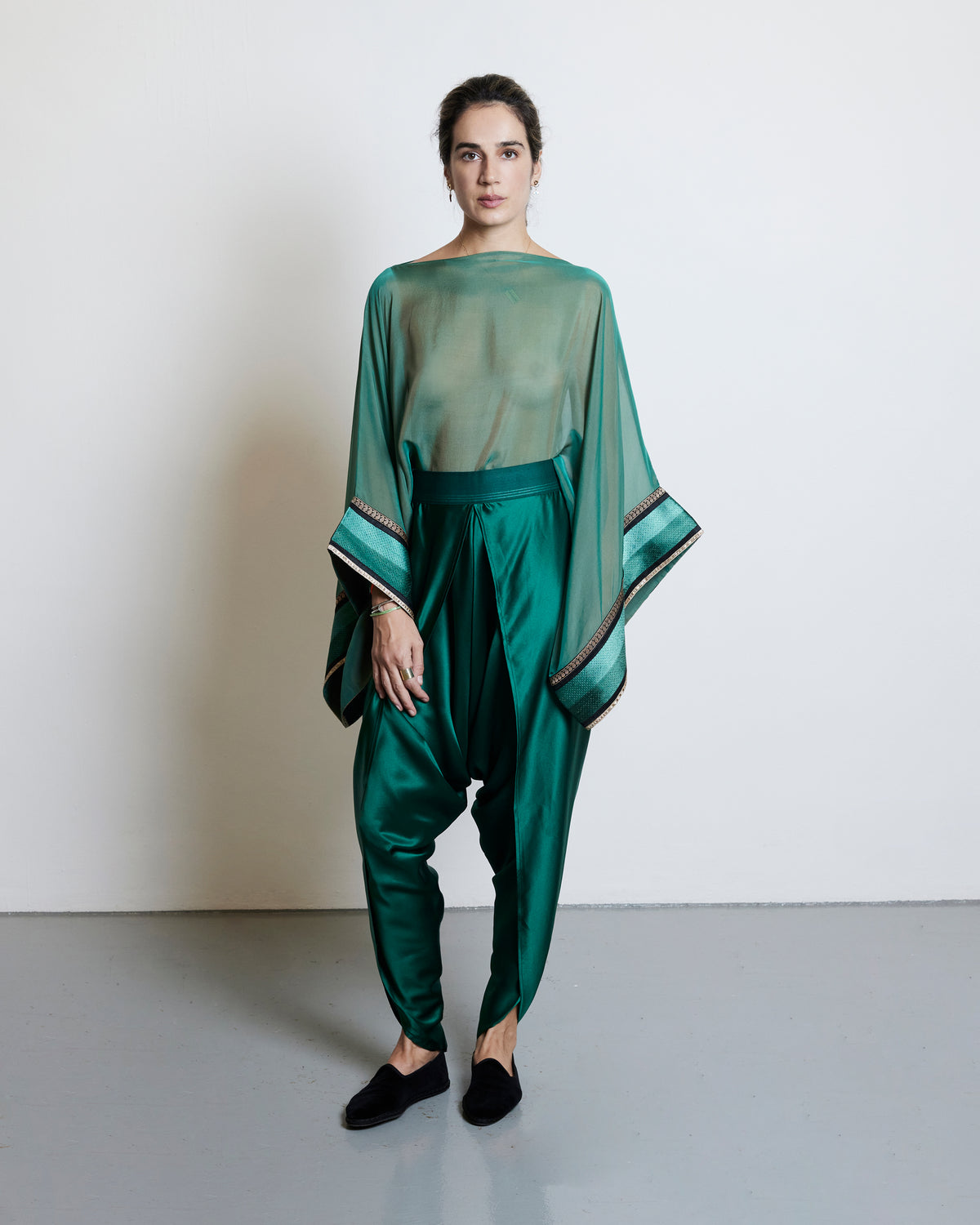 Silk Draped Pants - Emerald Green